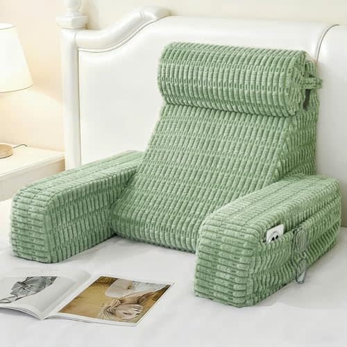 Selectico 19" Reading Pillow for Bed with Built-in Arms & Large Pockets, Supportive Backrest Cushion for Reading, Resting, or Reclining, Washable Cover  Sage Green