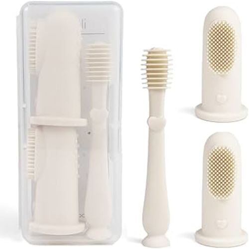 Ali+Oli Oral Care Set for Baby (Ivory) Includes Dual-Sided Baby Finger Toothbrush x 2, Tongue Scraper for Baby, Protective Case, BPA, Phthalate, and PVC Free, Food-Grade Baby Care Products for Infants