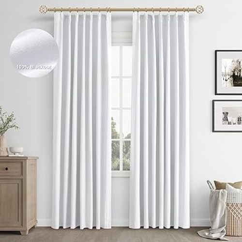 Joywell 100% Blackout Linen Curtains 90 Inch Long,Pinch Pleated Back Tab Drapes with Hooks Room Darkening Thermal Insulated Noise Reducing for Bedroom Living Room,W40 x L90,White,2 Panels