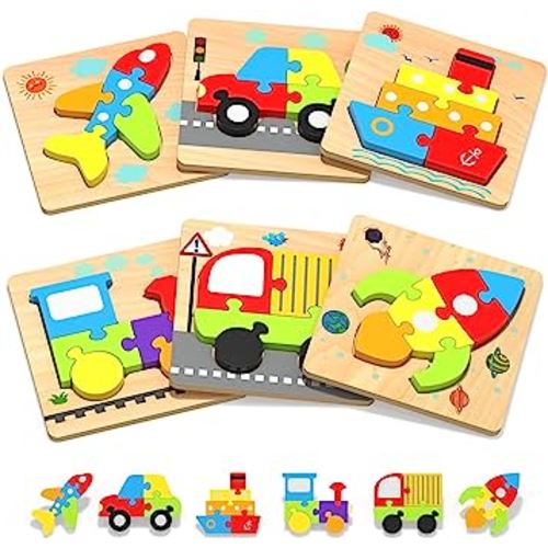 Wooden Toddler Puzzles Toys for 1 2 3 Years Old Boys Girls, 6 Vehicle Shape Montessori Toys Easter Basket Stuffers Educational Blocks Birthday Gift Baby Learning Toy Age 1-3, 2-4