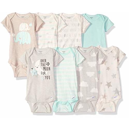 GERBER Baby 8 Pack Short-Sleeve Onesies Bodysuits, Elephants, 12 Months