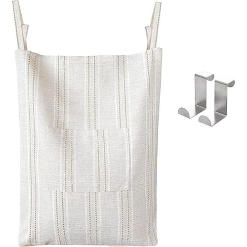 AELS Farmhouse Hanging Laundry Hamper with 2 Hooks, Boho Beige & Brown Stripes Linen Laundry Bag with Zipper & Wide Open Top, Over the Door Organizer for Dirty Clothes, Washable Space Saving Storage