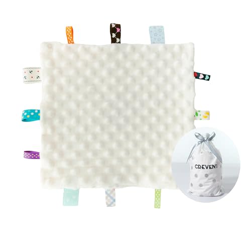 CREVENT Tag Security Blankets for Babies, Soft Small Loveys for Girls, Baby Comforter Sensory Blanket, Great Gifts for Birthday Baby Shower 10"X10" (Ivory)