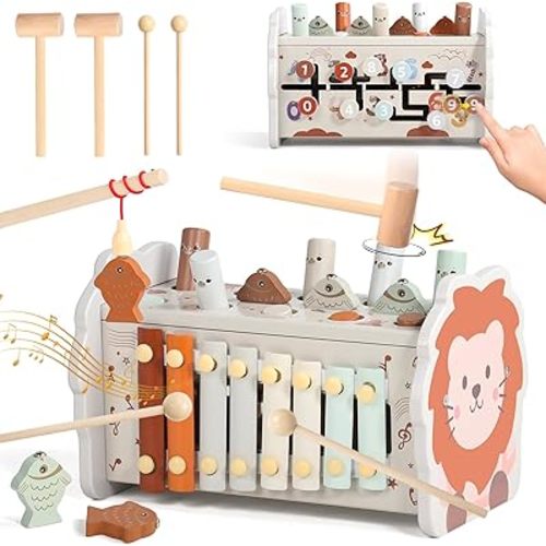 Fajiabao Wooden Montessori Toys for 1 Year Old Boy 4 in 1 Toddler Learning Toys with Number Maze, Pounding Bench, Xylophone, Fishing Game Baby Sensory Toys Birthday Gifts for 1+ Year Old Boys & Girls