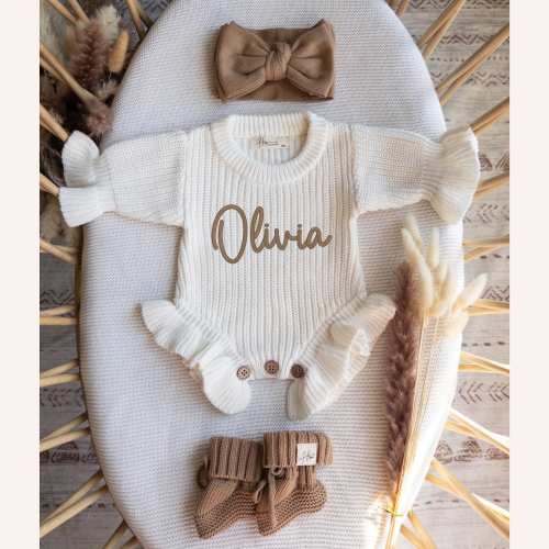 Personalized Baby Name Romper Knit Newborn Outfit With Ruffles Embroidered Baby Girl Take Home Outfit Custom Name Baby Shower Gift.