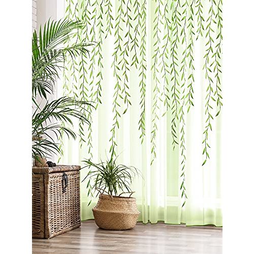 Willow Voile Curtains Cute Green Sheers Leaf Curtain Tulle Vine Window Curtains Nursery Green Sheers Ivy Pretty Curtain for Kids Living Room Bedroom Window Door Balcony (4 Pieces,39.4 x 78.7 Inch)