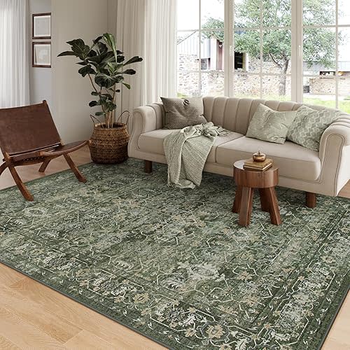 Lahome Washable Area Rugs 5x7 Green Rugs for Living Room,Boho Green Rugs for Bedroom,Dining Room Rugs for Under Table,Distressed Non Slip Low Pile Carpet for Indoor Home Office Nursery(5'x7',Green)