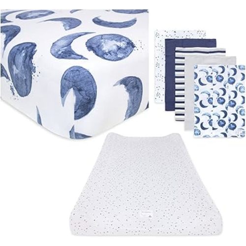 Burt's Bees Baby Unisex Baby Gift Set - Crib Sheet, Changing Pad Cover & Burp Cloths, 100% Organic Cotton Essentials Bundle