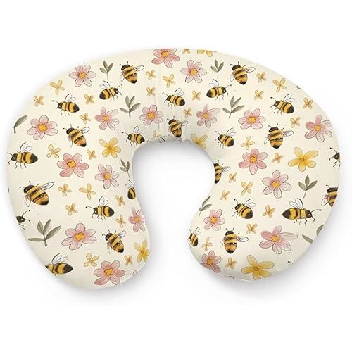 Watercolor Spring Bee Flowers Floral Leaves Pattern Nursing Pillow Cover, Unisex Removable Breastfeeding Pillowcase Slipcover for Baby Girls Boys Newborns Toddlers, Cover Only