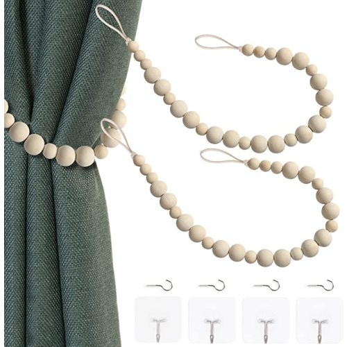 OCIOLI 2 Pieces of Wood Bead Curtain Tieback Boho Curtain Tiebacks Curtain Holdbacks for Wall Curtain Ties Curtain Tie Backs with Hooks for Boho Decor Bedroom Decor Nursery Decor (Wood Color,2)