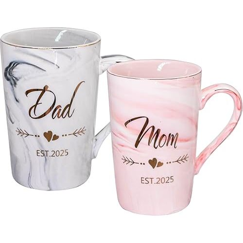 Dad and Mom Couple Mugs - New Parents Gifts First Time Pregnancy Gifts EST 2025 Dad and Mom Coffee Mug Set- Elegant Gifts for Baby Shower Mother's Day Father's Day - 12.5oz Ceramic Coffee Cup