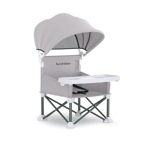 Portable Baby Booster Seat with Removable Tray & Canopy - 3 Point Safety Harness, Compact Fold for Travel, Indoor Outdoor Use for Infants & Toddlers, Gray