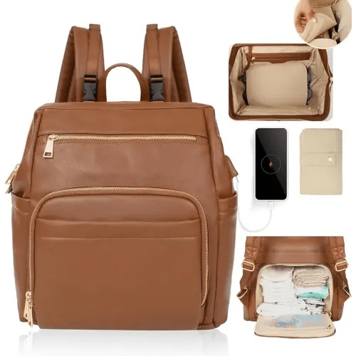 Diaper Bag Backpack Leather Large Baby Diaper Bag Essentials With 18 Organizing Pockets,6 Insulated Pockets,USB Charging Port,Stroller Straps,Changing Pad (Brown)