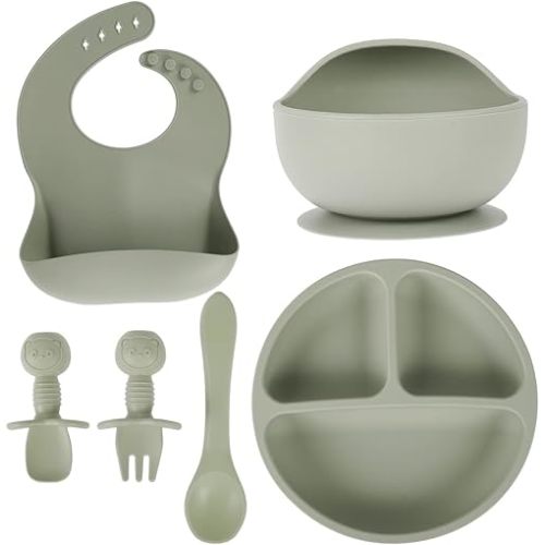 Set of 6 Baby Feeding Set, Silicone Baby Tableware Set, Food Grade Infant Dinnerware Set, BPA Free Baby Led Weaning Supplies, Non-Slip Self Feeding Utensils with Silicone Suction Bowls&Adjustable Bib&Divided Plates&Fork&Soft Spoon&Soup Spoon for Toddlers