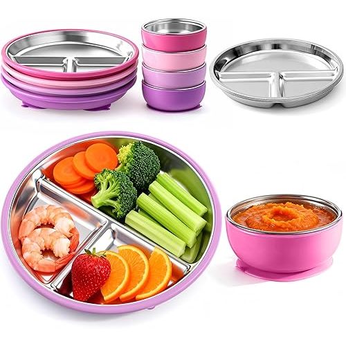 8 Pcs Stainless Steel Baby Plate and Bowls with Suction, 8.3" Kid Divided Plate and 4" Toddler Bowl with Removable Silicone, BPA-free Non-slip Baby Feed Set Dishwasher Safe for Boy Girl(Pink)
