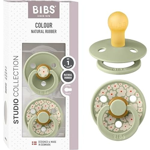 BIBS Pacifiers - Colour Studio 2 Pack | Round Nipple Baby Pacifier | BPA Free Natural Rubber Latex Soother | Made in Denmark | Size 0+ Months | Jasmine Sage