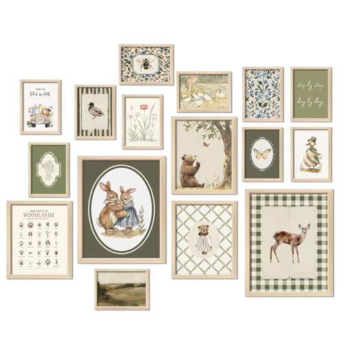 16 PCS Woodland Nursery Wall Art Decor, Vintage Baby Girl & Boy Nursery Decor, Kids Toddler Room Bedroom Playroom Decor, Sage Green Animals Eclectic Gallery Wall Prints, Bear Duck Goose Rabbit 