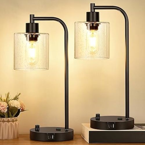 Set of 2 Industrial Table Lamps with 2 USB Port, Fully Stepless Dimmable Bedside Lamps for bedrooms, Nightstand Desk Lamp with Seeded Glass Shade for Reading Living Room Office 2 LED Bulb Included