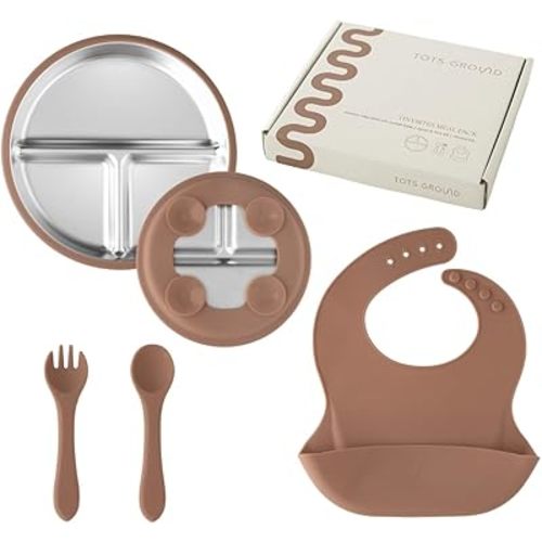 Stainless Steel Baby Feeding Set – Suction Plate, Silicone Bib, Spoon & Fork – BPA-Free Weaning Kit for 6–18 Months, Soft Starter Utensils (Mocha Mousse)