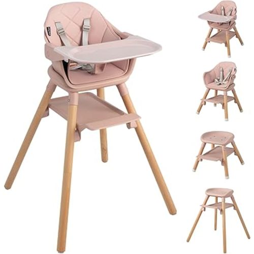 HONEY JOY Baby High Chair, 6 In 1 Convertible Wooden Highchair for Babies and Toddlers/Toddler Chair/Bar Stool, Removable Double Tray & Reversible Footrest, Safety Harness for Infant Boys Girls (Pink)