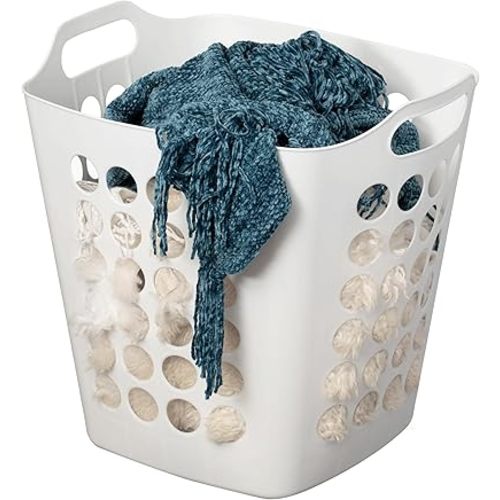 Flexible Plastic Laundry Basket - Square Storage Hamper with Side Handles for Easy Carrying - Versatile Organizer for Laundry, and Household Storage, White 50 Litter