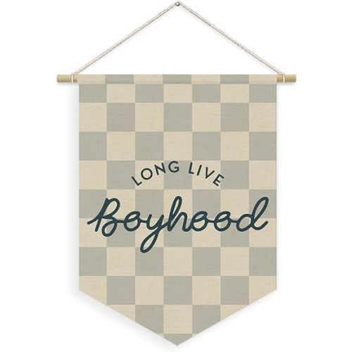Boys Room Decor, Long Live Boyhood Boy Nursery Linen Canvas Banner, Grey Checkered Wall Hanging Pennant Flag Banner for Boys Nursery Kids Toddler Room Bedroom Playroom Decor, 15x11in