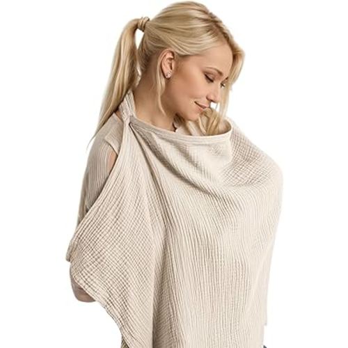 Muslin Cotton Nursing Cover Up for Baby Breastfeeding, Breathable & Soft Privacy Breastfeeding Cover with Arch Neckline for Mom and Baby, Multi-use Adjustable for Mother Nursing Apron