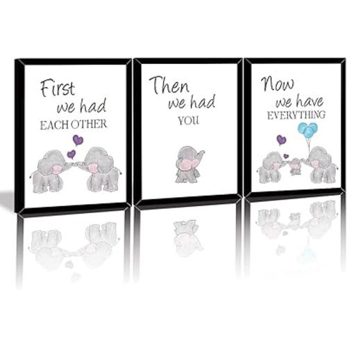 KAIRNE Watercolor Elephant Family Framed Canvas Wall Art,First We Had Each Other Quote Art Print With Black Frames,Nursery Animal Love Words Picture Ready to Hang For Kids Room Decor