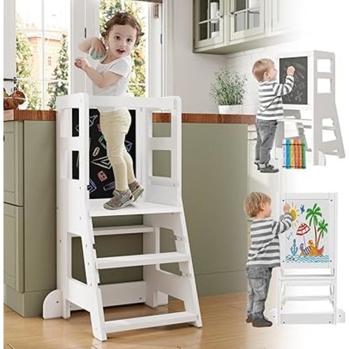 SWIMSKUAD Toddler Tower Kitchen Step Stool with 3 Adjustable Height, Standing Tower with Safety Rail & Magnetic Whiteboard & Blackboard & Chalk, Safe Toddler Tower for Kitchen/Counter/Shelf/Sink white