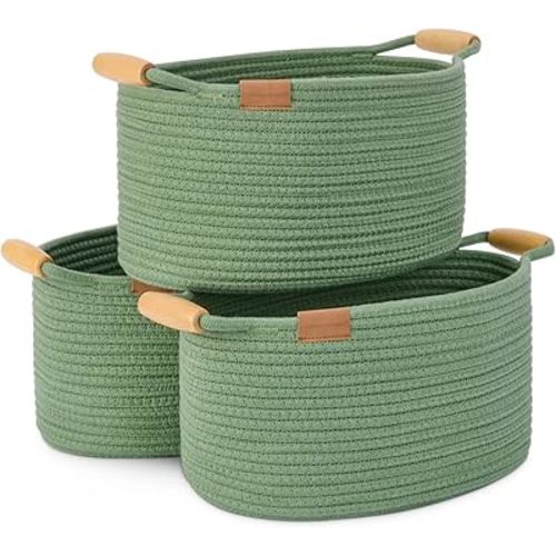 StorageWorks Woven Basket, Cotton Rope Basket for Organizing, 13 inch Rope Storage Basket, Cute Small Woven Basket with Wooden Handles, Decorative Woven Storage Basket, Green, 3-Pack