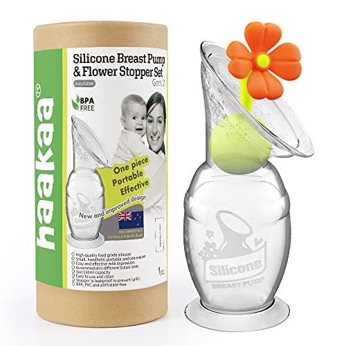 haakaa Manual Breast Pump with Suction Base and Flower Stopper Set for Breastfeeding (5oz/150ml)(Orange)