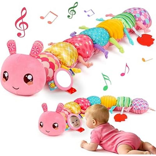 Baby Girl Toys 0-6 Months Musical Stuffed Caterpillar Pink Toys for Infant 0-3 3-6 Month Tummy Time Sensory Newborn Toys with Mirror Crinkle Rattle for 2 3 4 5 6-12 Month Old Babies Girl Shower Gifts