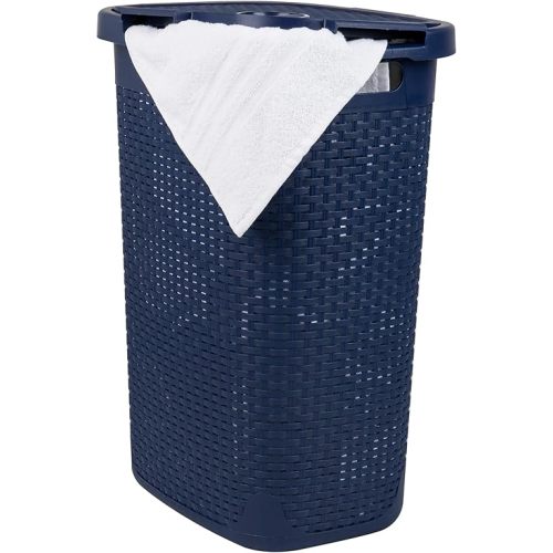 Mind Reader 60L Slim Laundry Hamper, Clothes Basket, Lid, Wicker Design, Plastic, 17.65"L x 13.75"W x 24.15"H, Navy