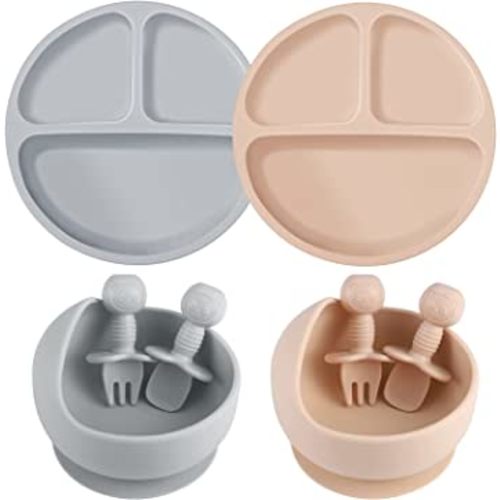 Pimoys 8 Pack Silicone Baby Feeding Set 2 Suction Plates 2 Suction Bowl with 2 Forks 2 Spoons, Baby Led Weaning Supplies Toddler Eating Utensils Microwave & Dishwasher Safe