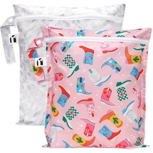 Bumkins Roamio - Waterproof Wet Bag - For Baby, Travel, Swim Suit, Cloth Diapers, Pump Parts, Pool, Gym, Toiletry, Strap to Stroller - Reusable & Easy to Clean - 2pk - Cowgirl Boots & Disco