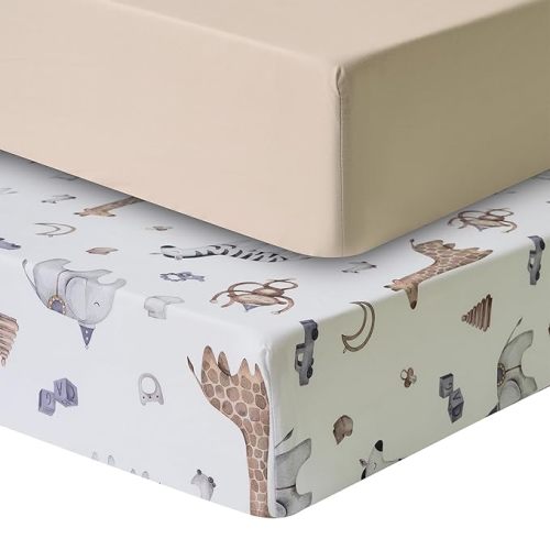 2 Pack Crib Sheets for Boys & Girls – Snug Full Elastic Fit for Standard Crib Mattresses (28″×52″) – Stylish Zoo Animals, Feathers & Arrowhead, Gingham & Petals, Watercolor Vines Prints, Zoo Animals