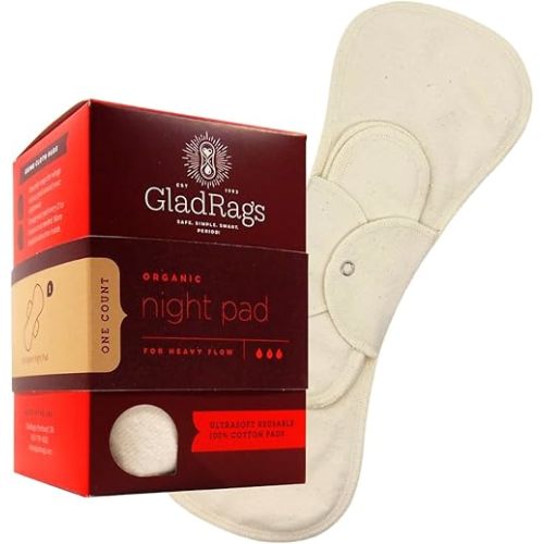 GladRags Natural Organic Undyed Cotton Reusable Night Pad (1-Pack) - 100% GOTS Certified Organic Menstrual Pad, Postpartum Pad, Heavy Flow Period Pads, Washing Machine Safe