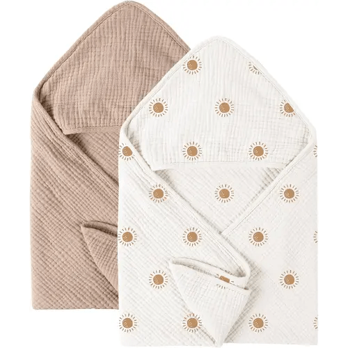 Konssy 2 Pack Muslin Hooded Baby Towels for Newborn Soft 100% Cotton Baby Bath Towel with Hood for Baby, Infant Ultra Absorbent, Baby Stuff Baby Bath Shower Gifts (Camel, Sun,30" x 30")