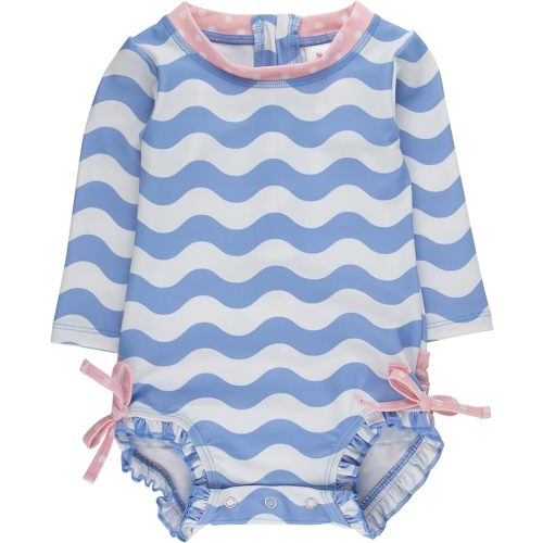 RuffleButts Baby Girls UPF 50+ Sun Protection Floral Printed Long Sleeve One Piece Rash Guard Swimsuit with Zipper