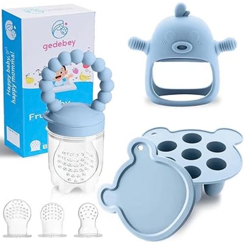 Baby Fruit Feeder Pacifier - 3 Pack | 1 Baby Food Feeder & 1 Baby Teether & 1 Baby Popsicle Molds | Breastmilk Popsicle molds | Baby Teething Toys | Silicone Baby Feeding Set | Baby Feeder (Sky Blue)