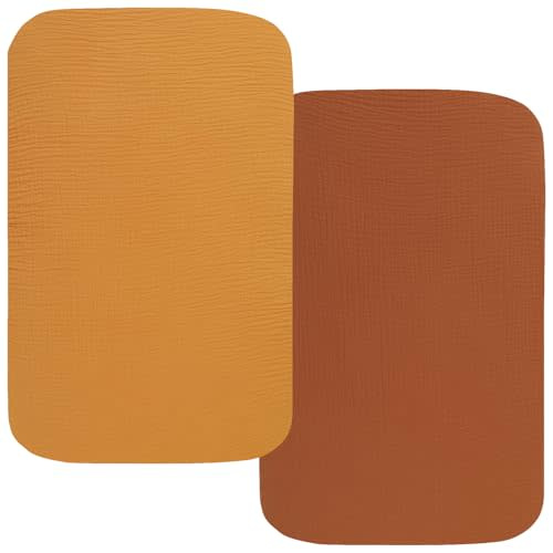 Muslin Bassinet Sheets 35" X 20" Compatiable with AMKE 3 in 1 Bassinets, MiClassic, Uiuwoo, Foalom, YADAQE, Milliard and TCBunny Bassinet, 100% Cotton Breathable and Soft 2 Pack, Yellow and Brick