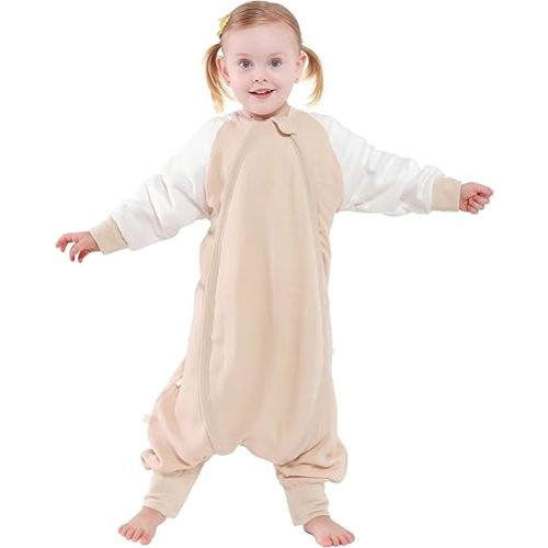 Toddler Sleep Sack, Warm Sleep Sack with OUTLAST Temperature Regulation, 1.0 Tog Sleep Sack 1T-3T, Long Sleeve Sleep Sack with Feet for Walkers, All Season, 2-Way Zipper, Beige, XS 31In