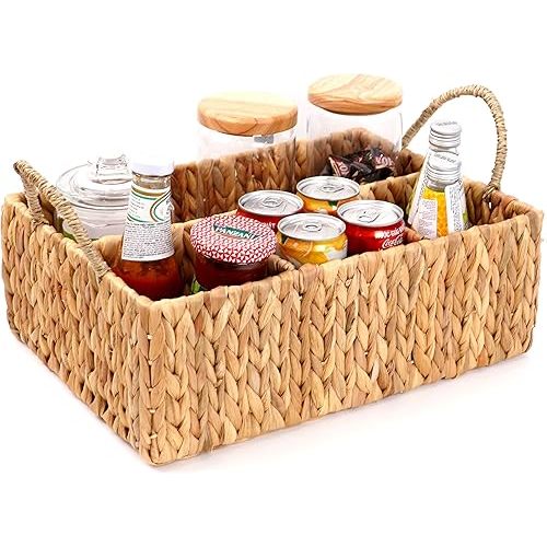 Wicker Divided Storage Basket Woven Natural Basket Hyacinth for Organizing Bathroom Kitchen Shelves Office Supplies Organization Everyday Wicker Storage Baskets 4 Section Rectangular Tray