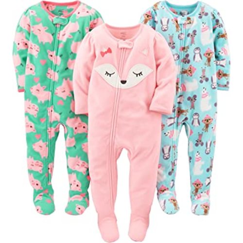 Simple Joys by Carter's Toddlers and Baby Girls' Loose-Fit Flame Resistant Fleece Footed Pajamas, Pack of 3