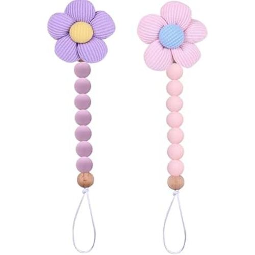 2pcs Flower Pacifier Clip, Silicone Bead Pacifier Clip for Baby Girls Pink Purple Color Daisy Birthday Christmas Gift(B)