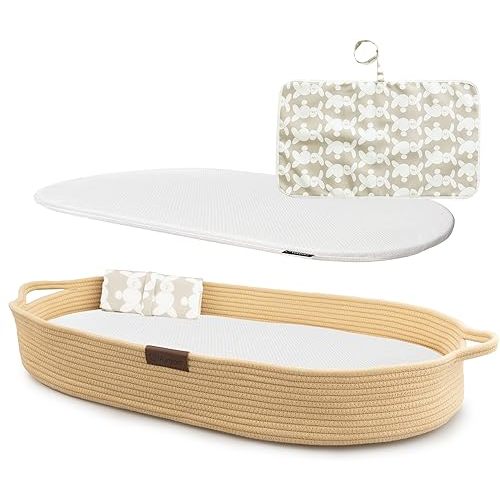 XL Reinforced Baby Changing Basket with Extra Travel Diaper pad, Foldable Baby Changing Pad with Water Repellent Cover, Cotton Rope Baby Basket, Changing Table Topper for Dresser (Cream)