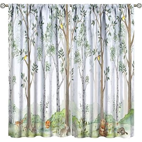 Kids Animal Curtains, Watercolor Natural Forest Animal Hedgehog Fox Butterfly Rabbits Forest Print Curtain Boys and Girl Bedrooms 42x45 Inch