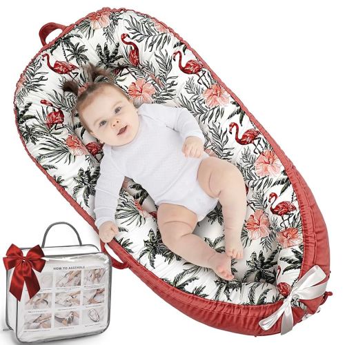 Baby Lounger, Ultra Breathable Soft Cotton Perfect for Tummy Time, Portable & Adjustable Infant Floor Seat for Traveling | Newborn Shower Gift- Red Bird