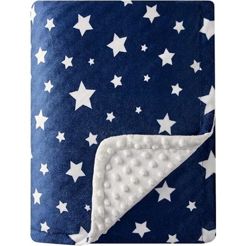 DaysU Silky Micro Soft Plush Baby Blankets Unisex with Print Star Pattern and Soothing Raised Dots, Double Layer Bed Throws for Baby Crib, Star, Navy, 30x40 Inches