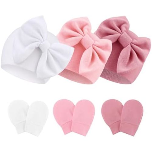 3 Pcs Newborn Baby Hats and Mittens Set Toddler Bow Beanie Cap Newborn Hats for Baby Boys Girls Essentials 0-6 Months